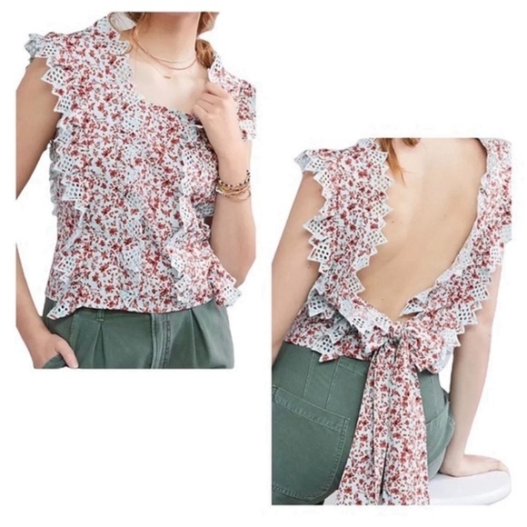 Anthropologie Trina Bow Blouse Light Blue and Red Floral Motif NWT Sz XL - Picture 6 of 11